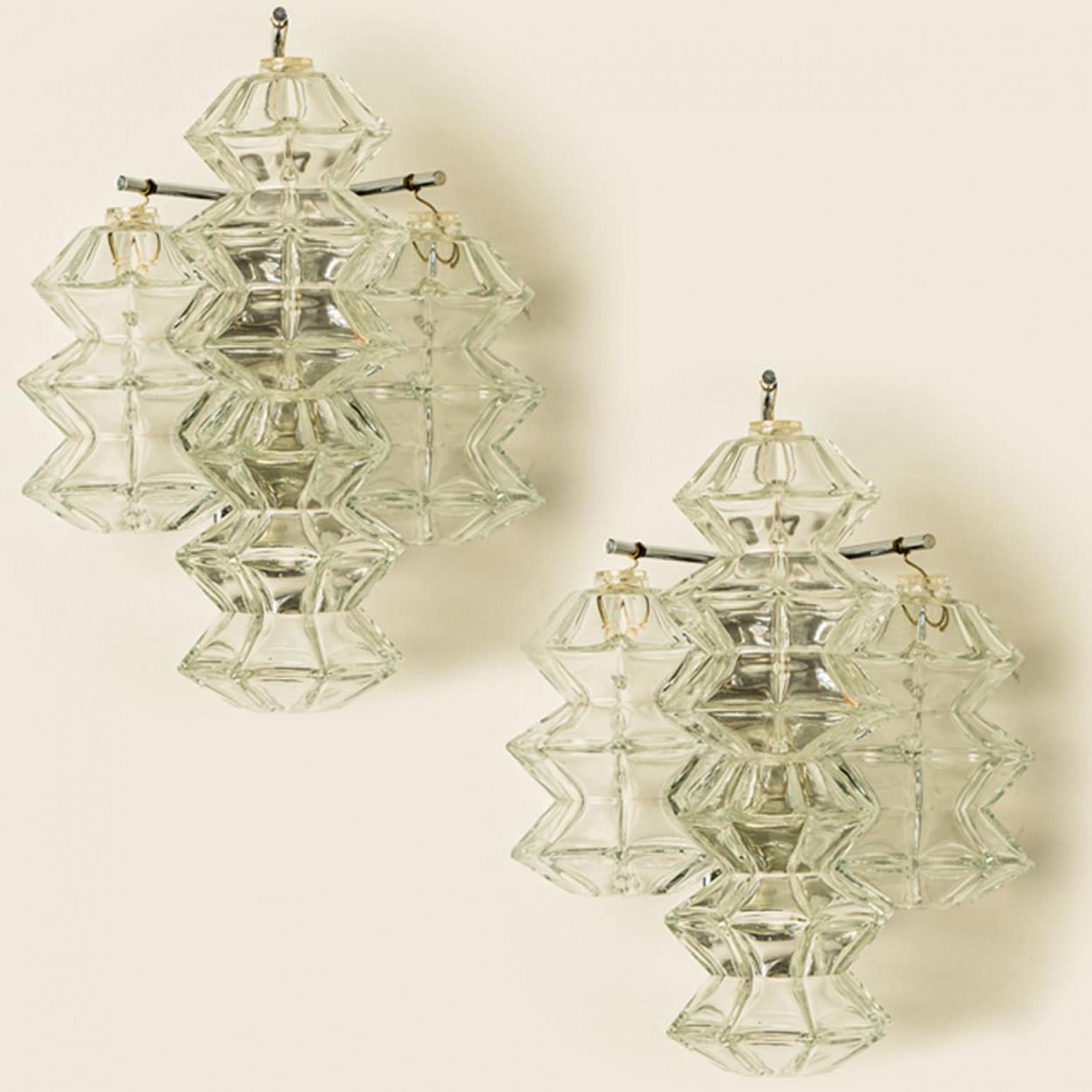Austrian Several Pagoda Chrome and Glass Sconces Wall Lights by Kalmar, Vienna 1969 For Sale