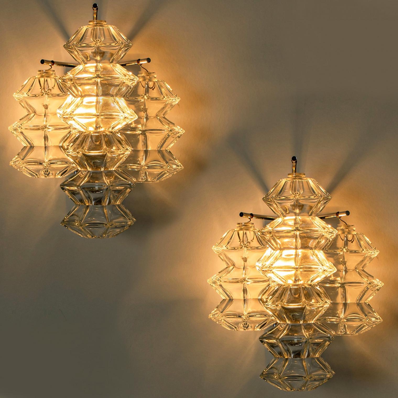 Brass Several Pagoda Chrome and Glass Sconces Wall Lights by Kalmar, Vienna 1969 For Sale