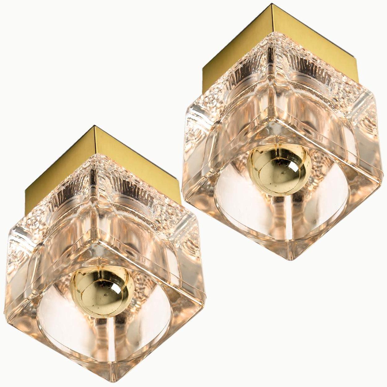 Several Peill & Putzler Wall or Ceiling Lights Brass and Glass Cubes, 1970s For Sale 1