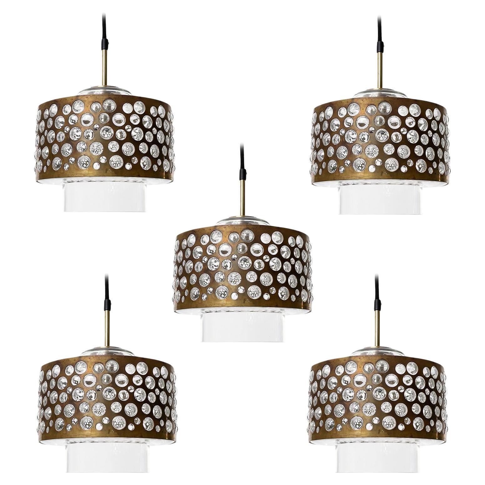 Several Pendant Lights, Patinated Brass Clear Glass, Rupert Nikoll, 1960s For Sale