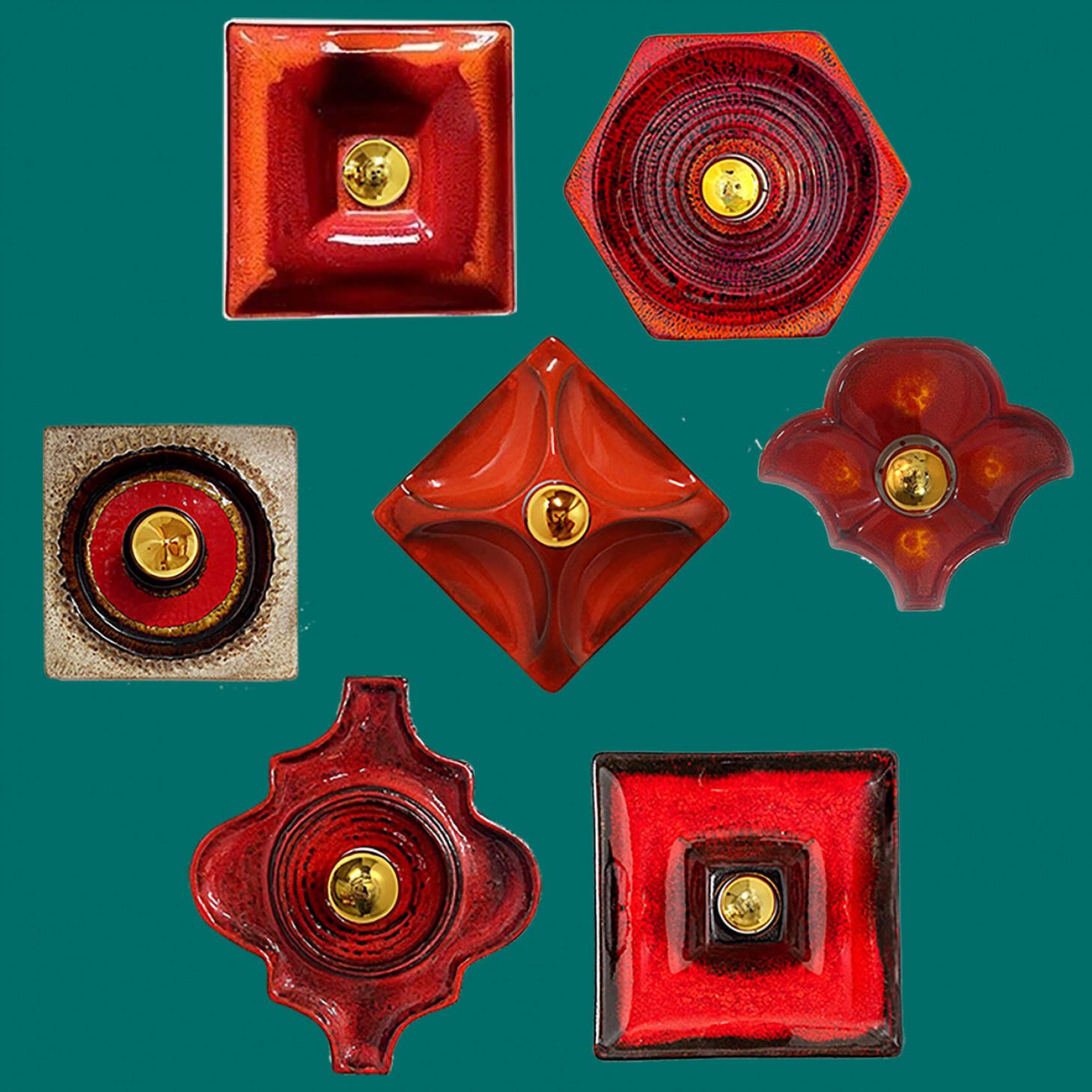 Several Red Toned Mixed Wall Lights in Glazed Ceramic Style, 1970 For Sale 4