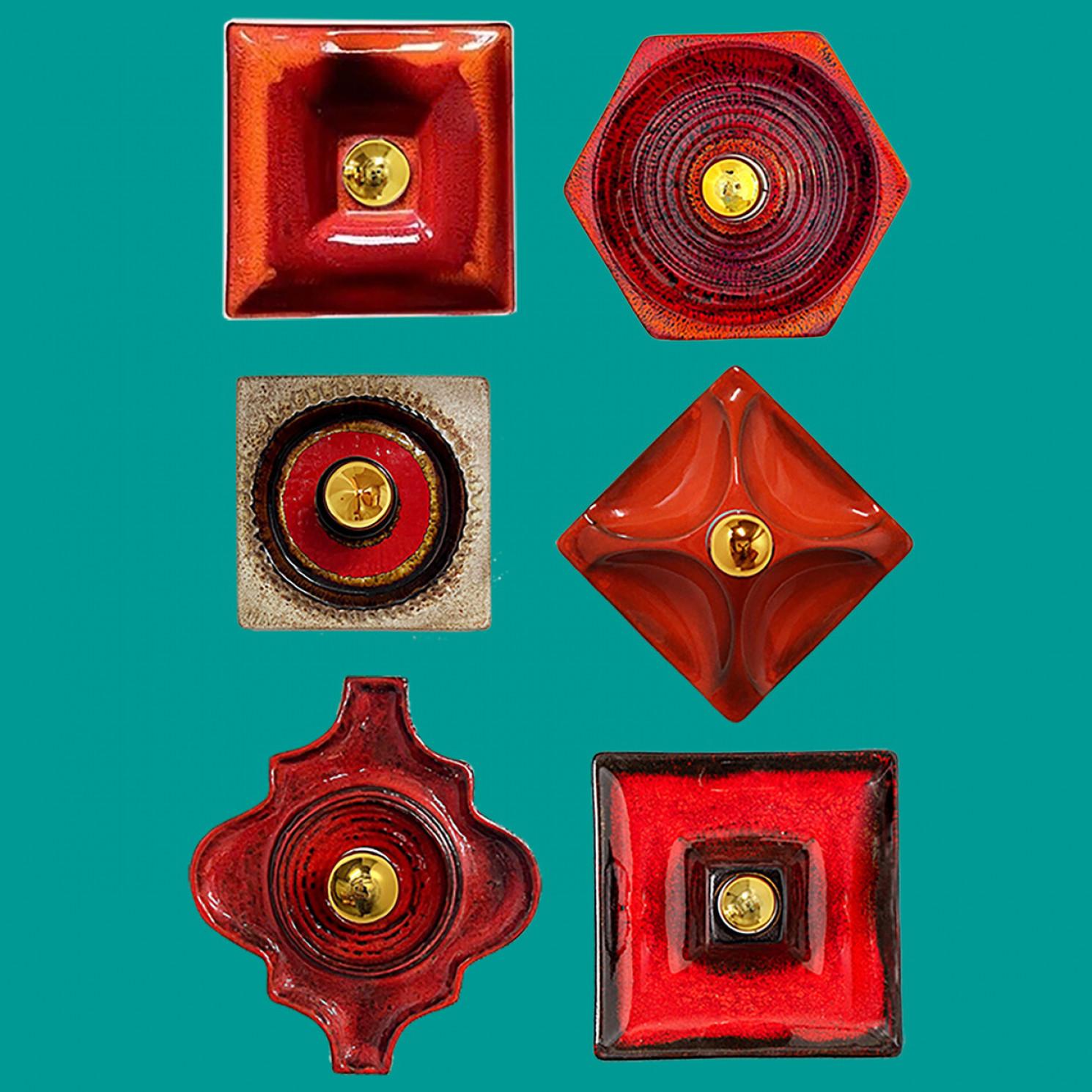 Several Red Toned Mixed Wall Lights in Glazed Ceramic Style, 1970 For Sale 5