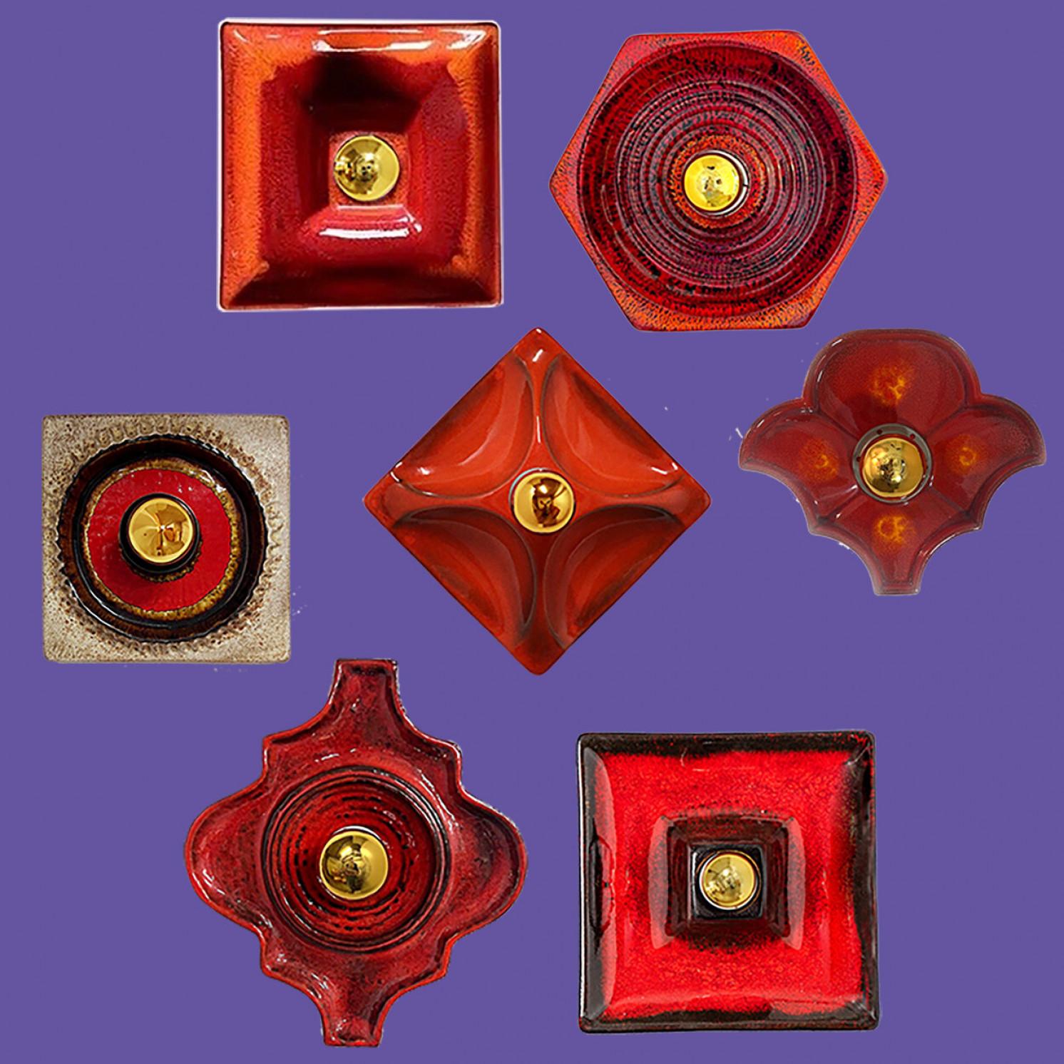 German Several Red Toned Mixed Wall Lights in Glazed Ceramic Style, 1970 For Sale