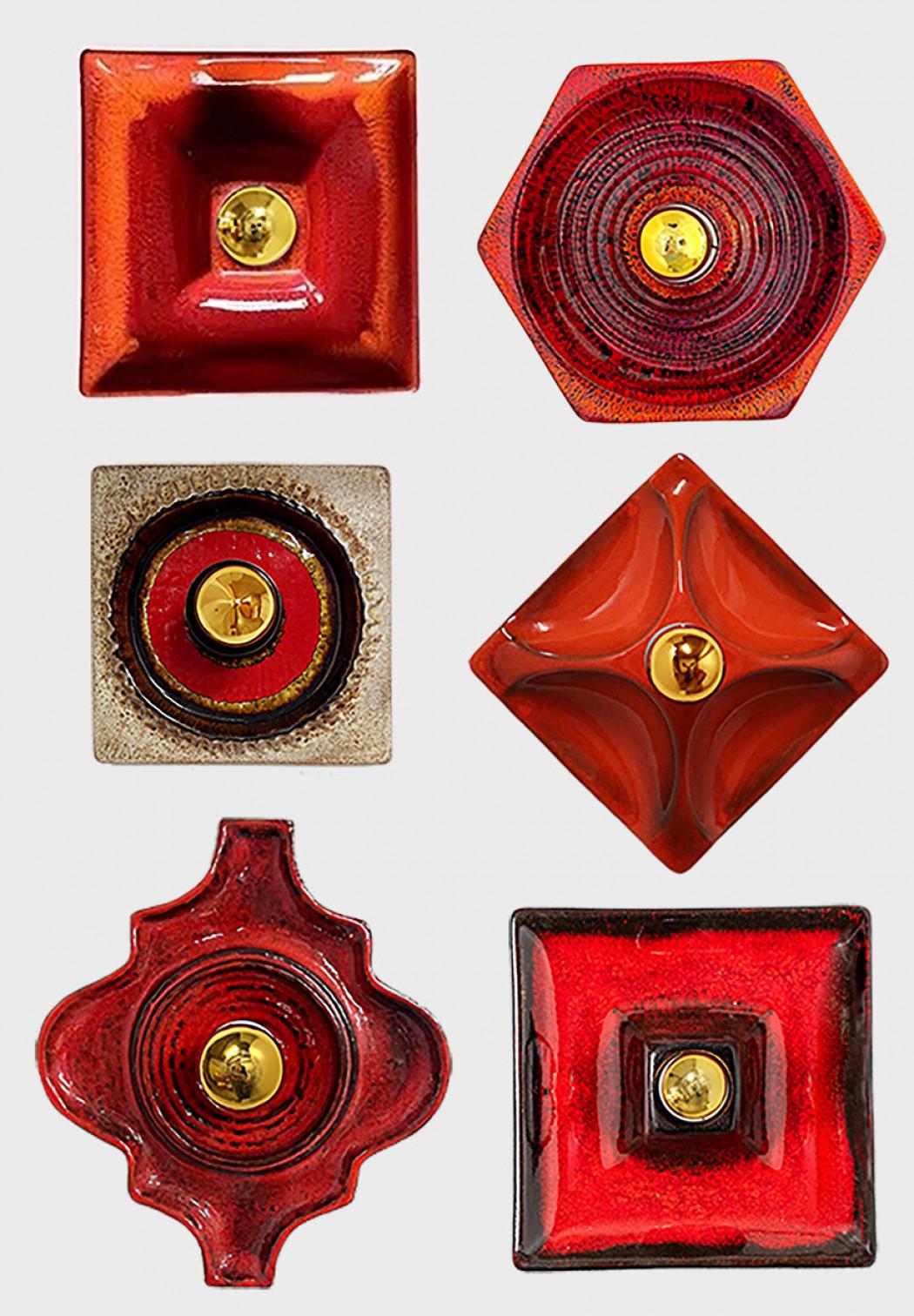 Several Red Toned Mixed Wall Lights in Glazed Ceramic Style, 1970 In Good Condition For Sale In Rijssen, NL