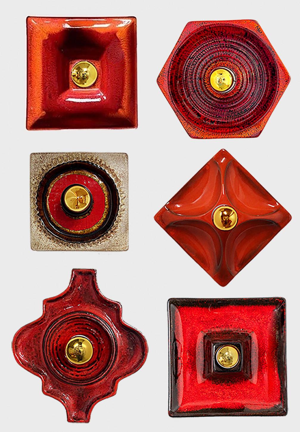 Vernissé Plusieurs lampes murales mixtes de tonalité rouge en céramique émaillée, 1970 en vente