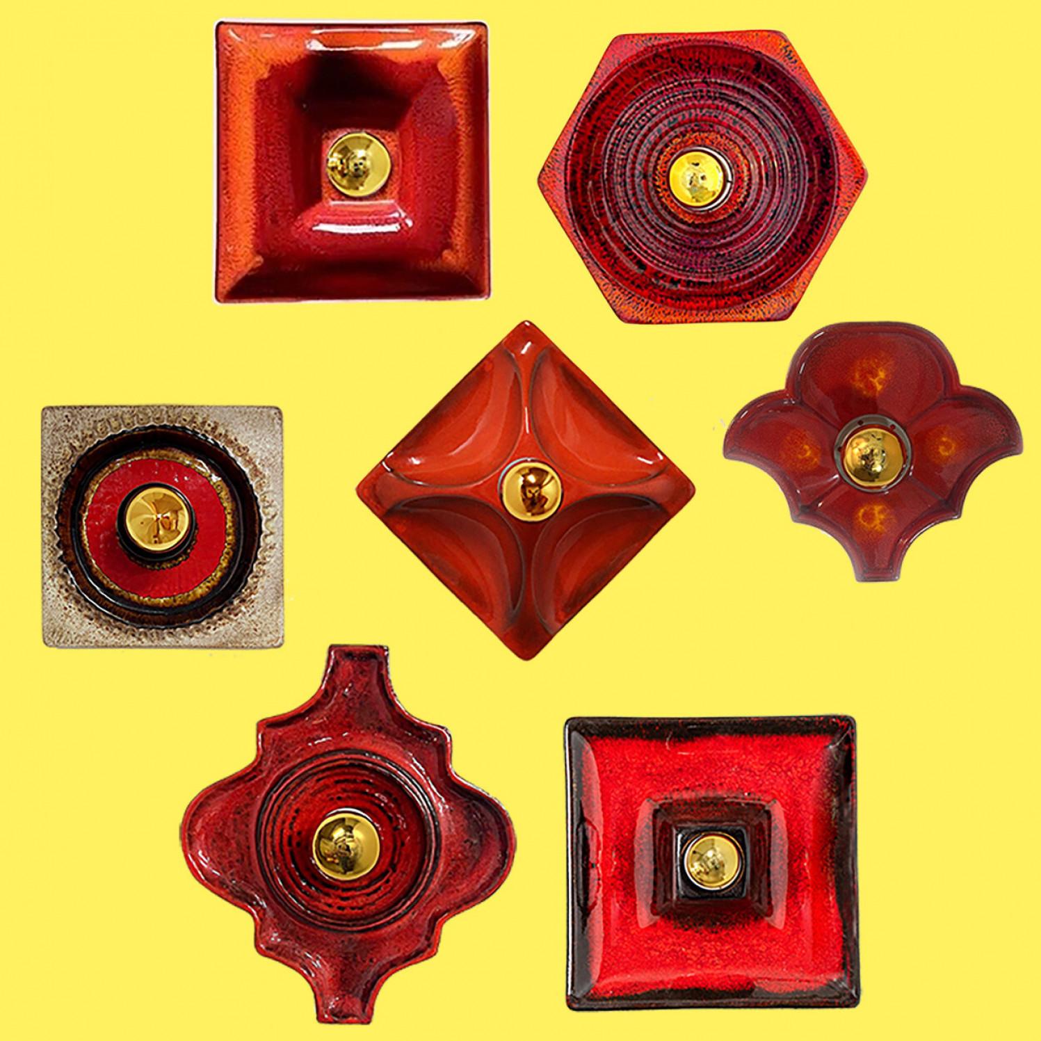 Plusieurs lampes murales mixtes de tonalité rouge en céramique émaillée, 1970 Bon état - En vente à Rijssen, NL
