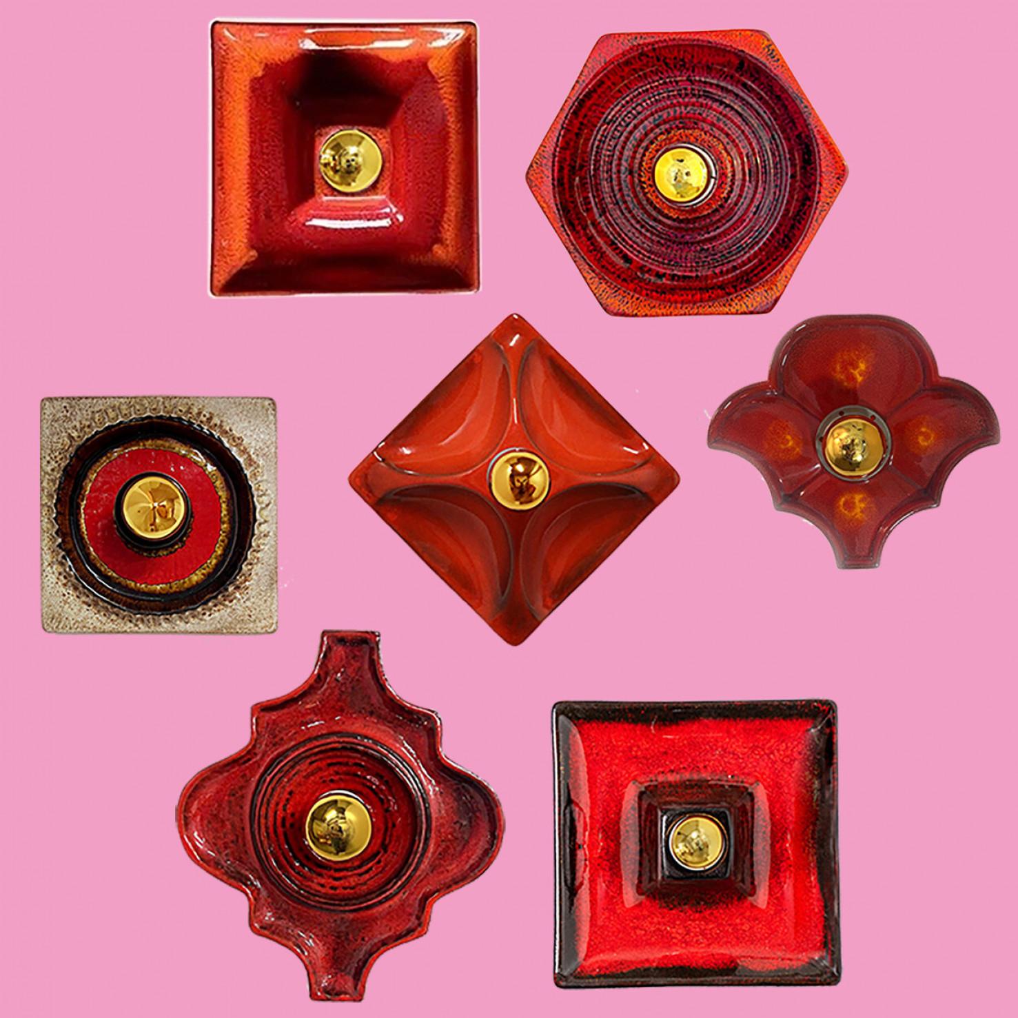 Several Red Toned Mixed Wall Lights in Glazed Ceramic Style, 1970 For Sale 1