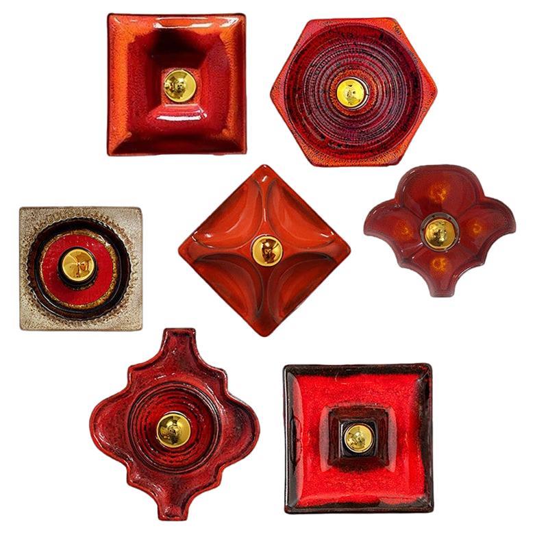 Several Red Toned Mixed Wall Lights in Glazed Ceramic Style, 1970 For Sale