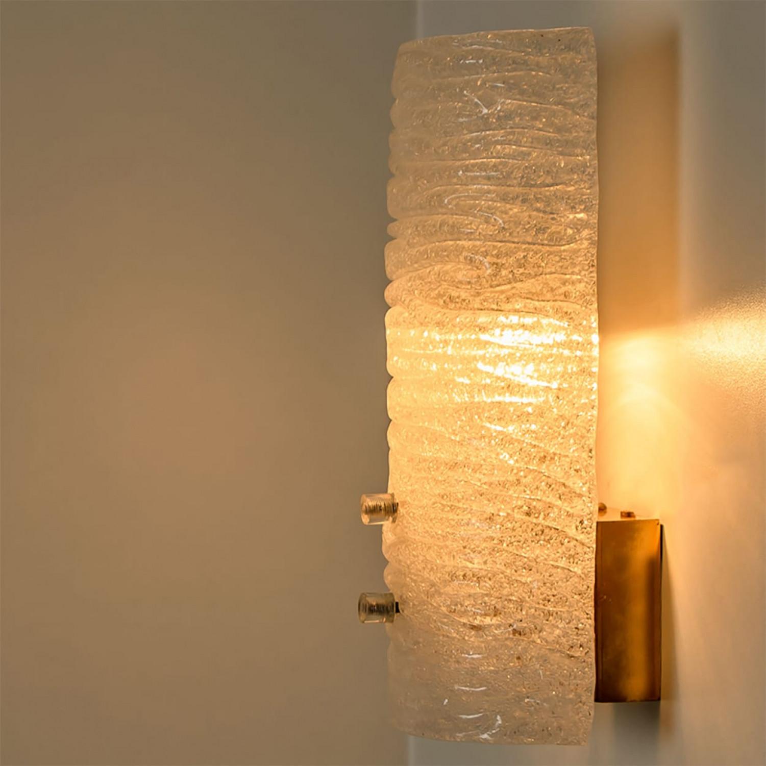Several Ribbled Frosted Glass Brass Wall Lights Kalmar, Austria, 1970s For Sale 2