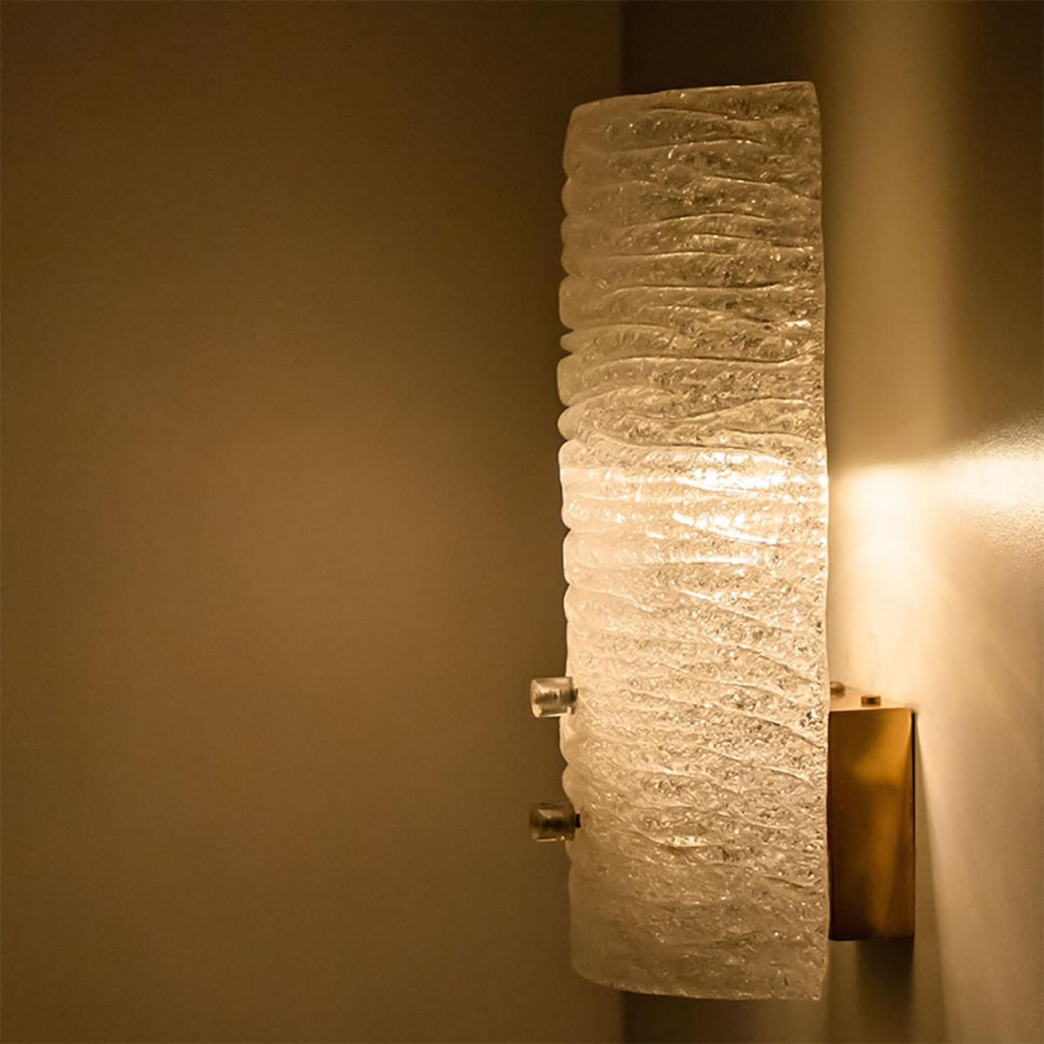 Several Ribbled Frosted Glass Brass Wall Lights Kalmar, Austria, 1970s For Sale 3