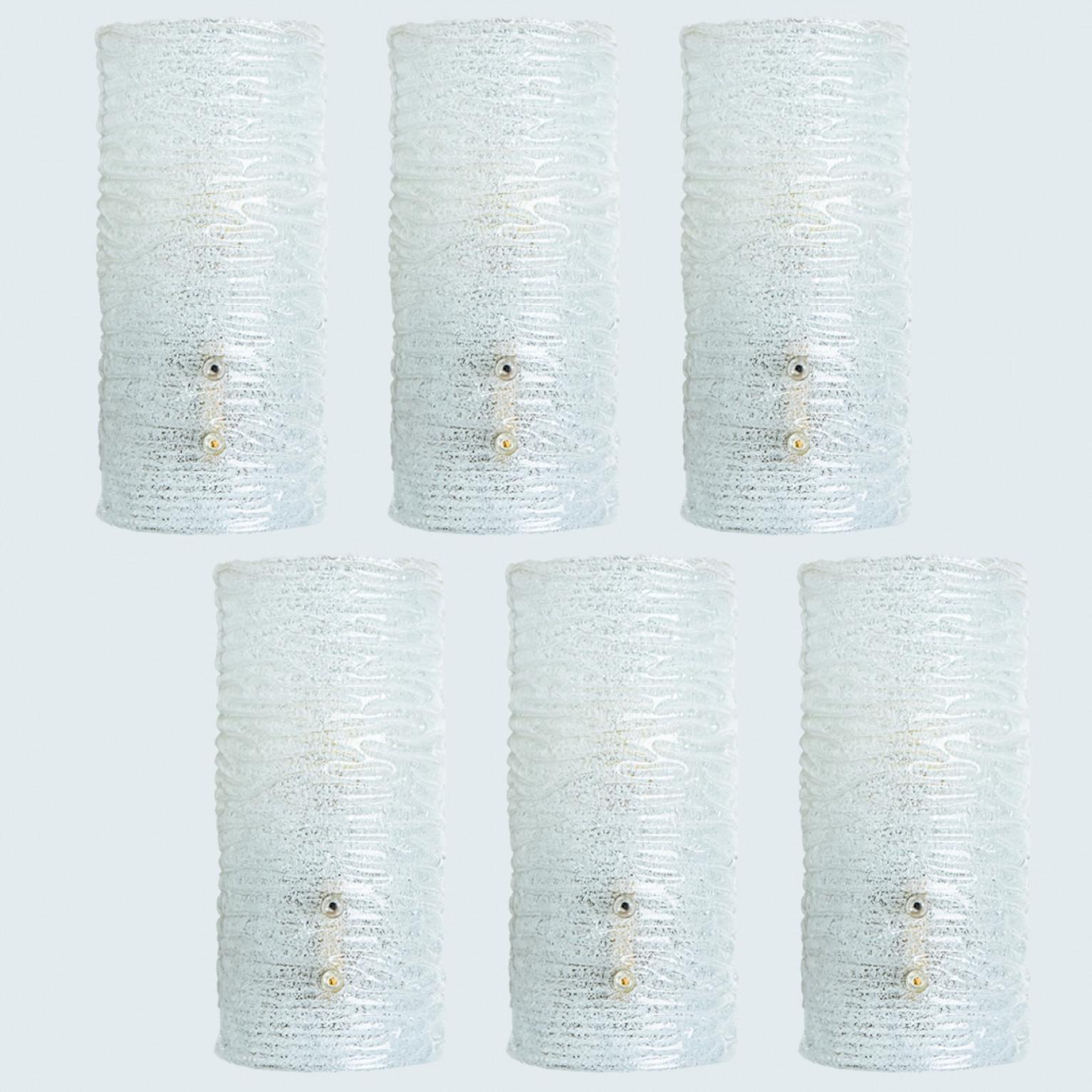 Several Ribbled Frosted Glass Brass Wall Lights Kalmar, Austria, 1970s For Sale 9