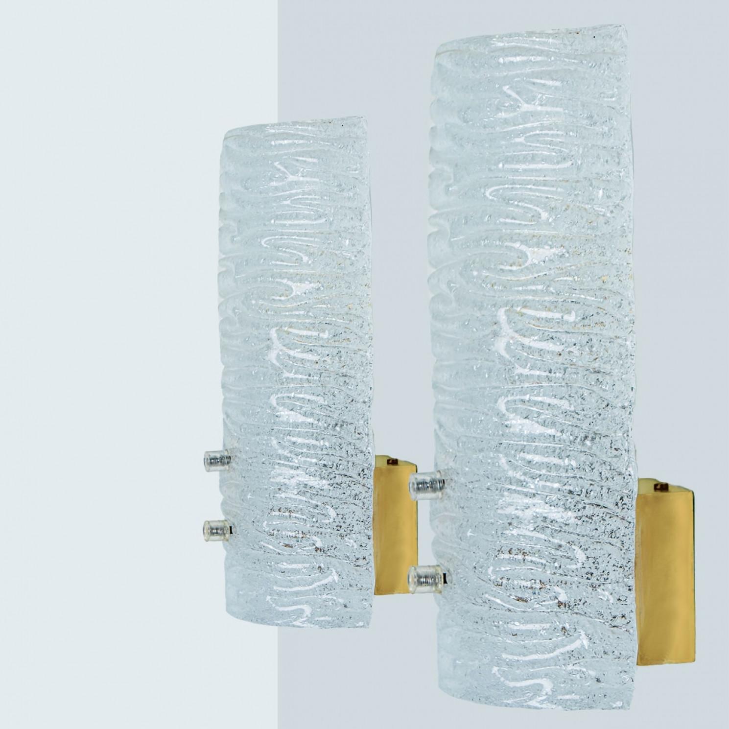 Mid-Century Modern Several Ribbled Frosted Glass Brass Wall Lights Kalmar, Austria, 1970s For Sale