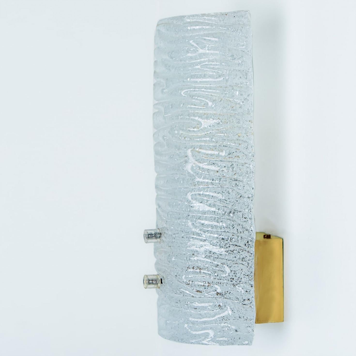 Several Ribbled Frosted Glass Brass Wall Lights Kalmar, Austria, 1970s In Good Condition For Sale In Rijssen, NL