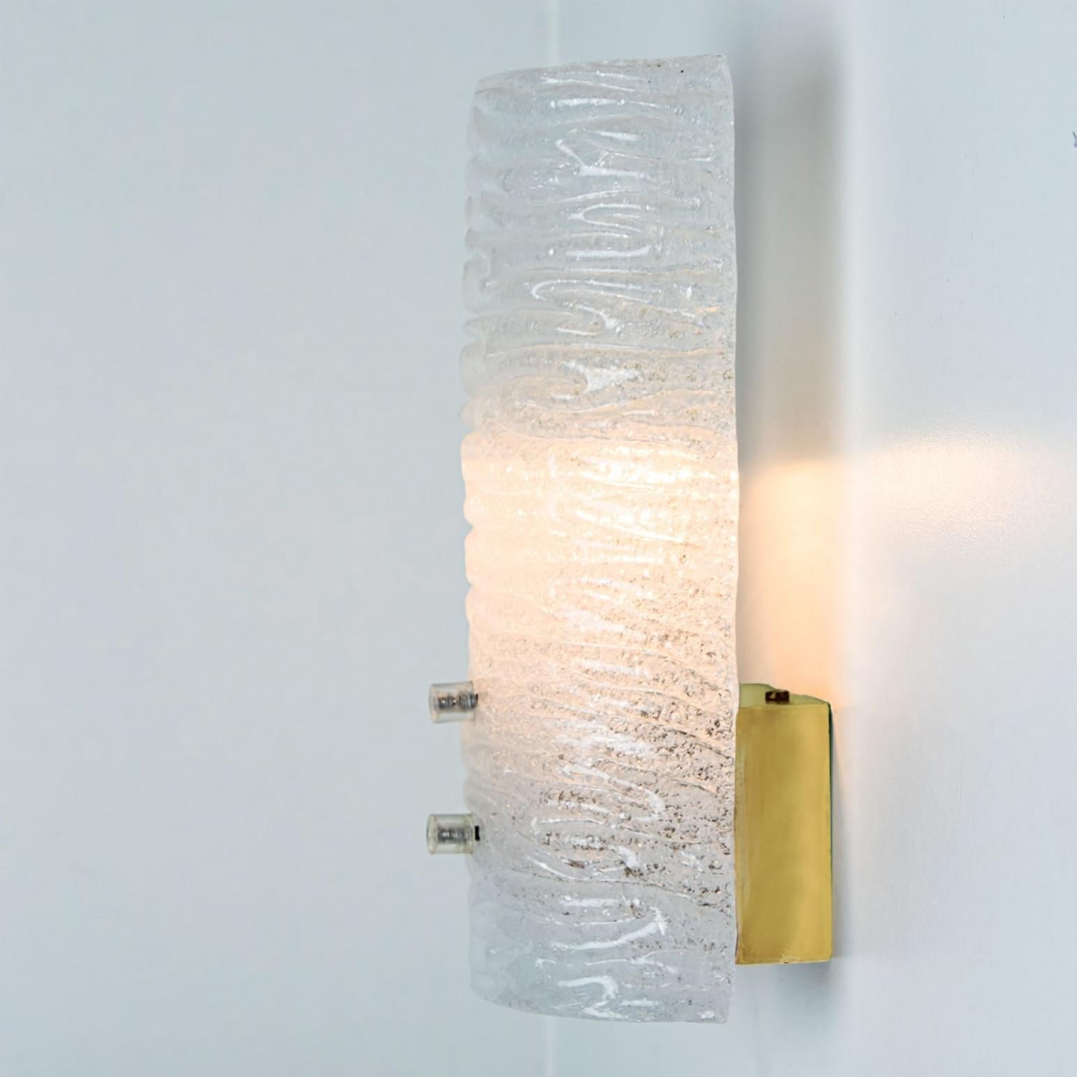 20th Century Several Ribbled Frosted Glass Brass Wall Lights Kalmar, Austria, 1970s For Sale
