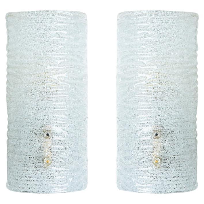 Several Ribbled Frosted Glass Brass Wall Lights Kalmar, Austria, 1970s
