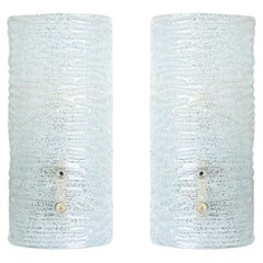 Several Ribbled Frosted Glass Brass Wall Lights Kalmar, Austria, 1970s