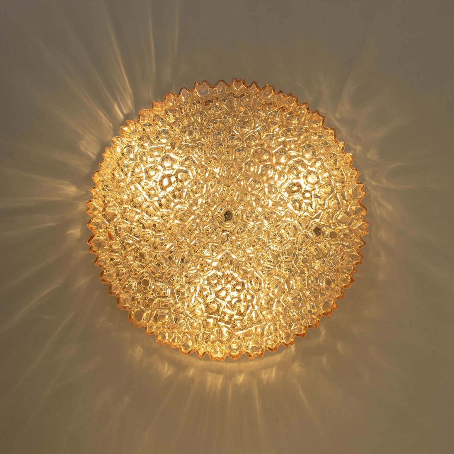 20th Century Several Round Amber Textured Glass Wall Lights Flush Mounts, Limburg, 1970 For Sale