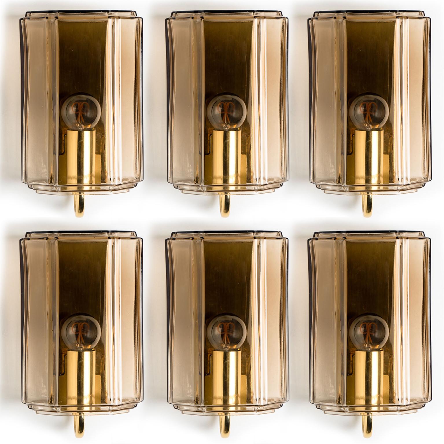 Mid-Century Modern Several Smoked Glass Wall Lights Sconces by Glashütte Limburg, Germany, 1960 For Sale