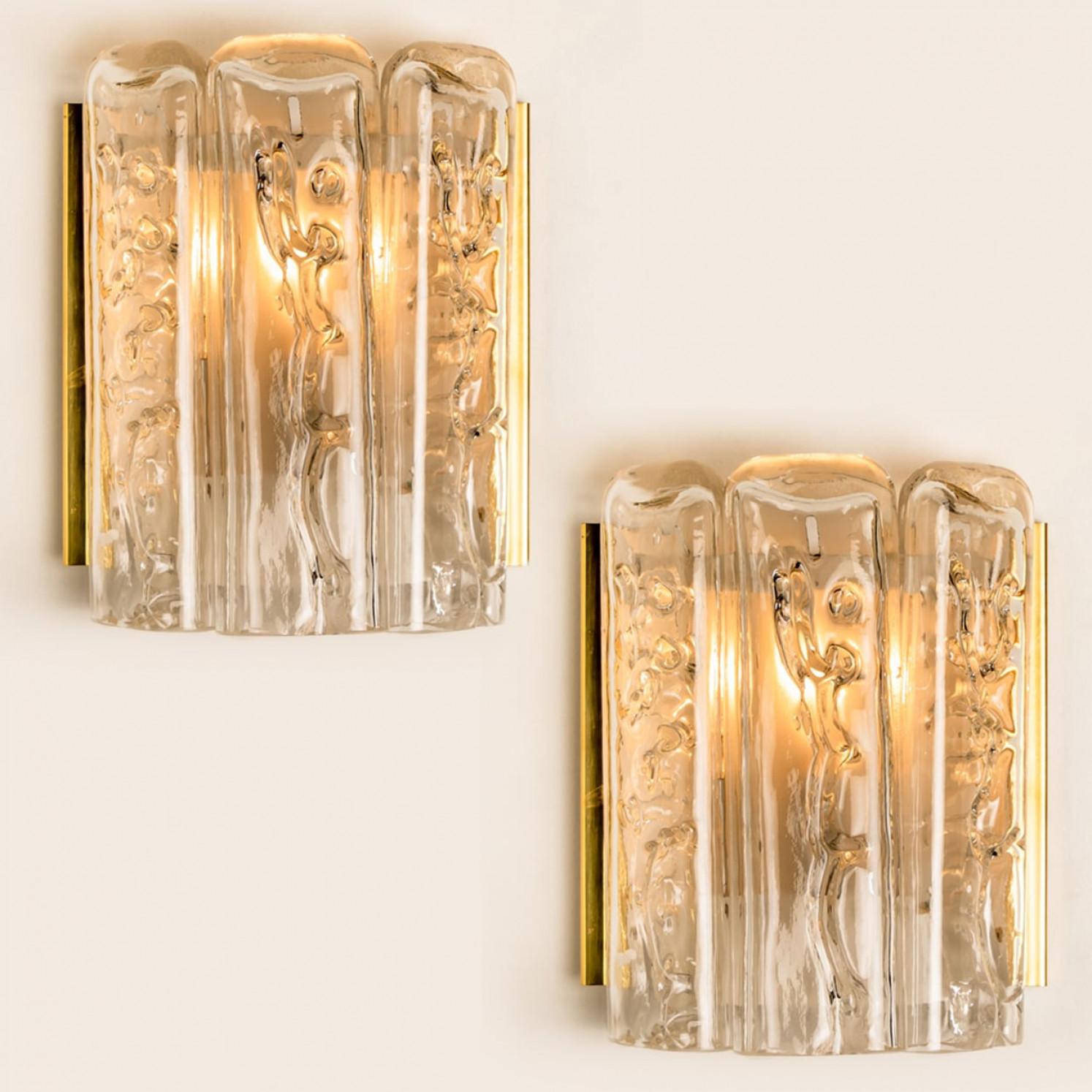 20th Century Several Structured Blown Glass and Brass Wall Sconces by Doria, 1960 For Sale