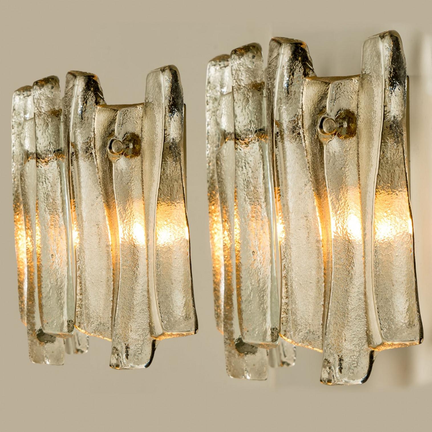 Austrian Several Textured Ice Glass and Chrome Wall Lights Kalmar, 1970 For Sale