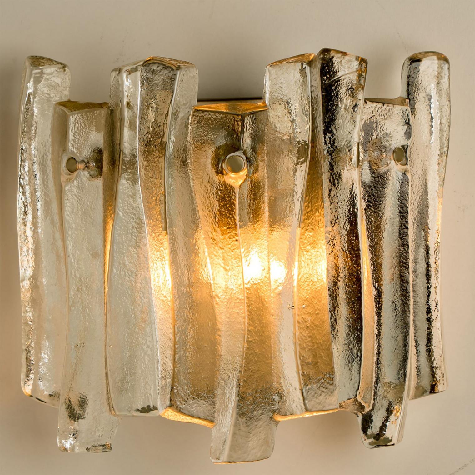 20th Century Several Textured Ice Glass and Chrome Wall Lights Kalmar, 1970 For Sale