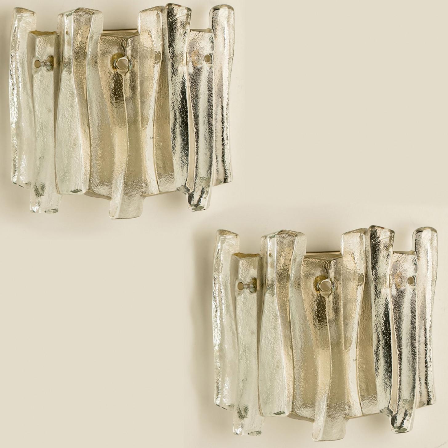 Several Textured Ice Glass and Chrome Wall Lights Kalmar, 1970 For Sale 1