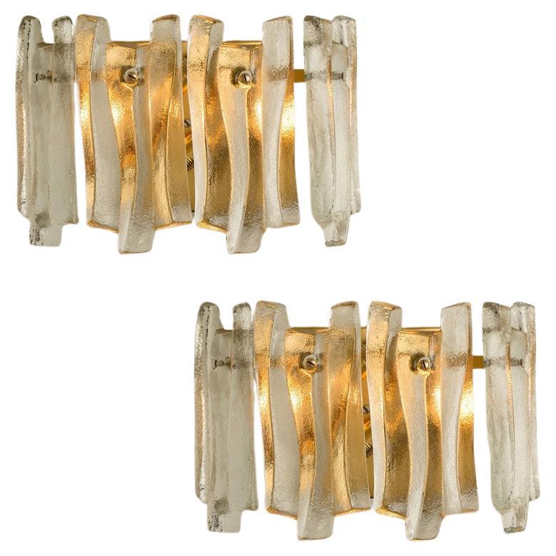 Several Textured Ice Glass Brass Wall Lights by Kalmar, 1970