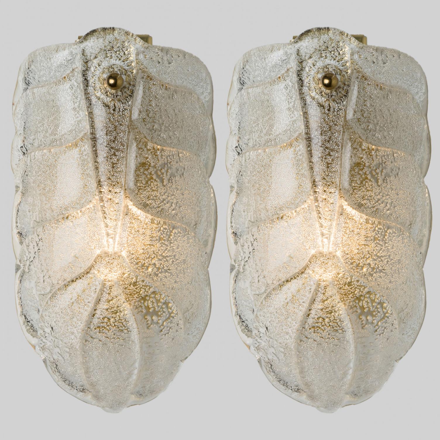Several  hand blown Murano glass Barovier & Toso wall sconces with special gold inclusions. Each light fixture consists of one hand blown Murano glass leave. Mounted on an brass frame. The leaves refract light beautifully. The flush mount fills the