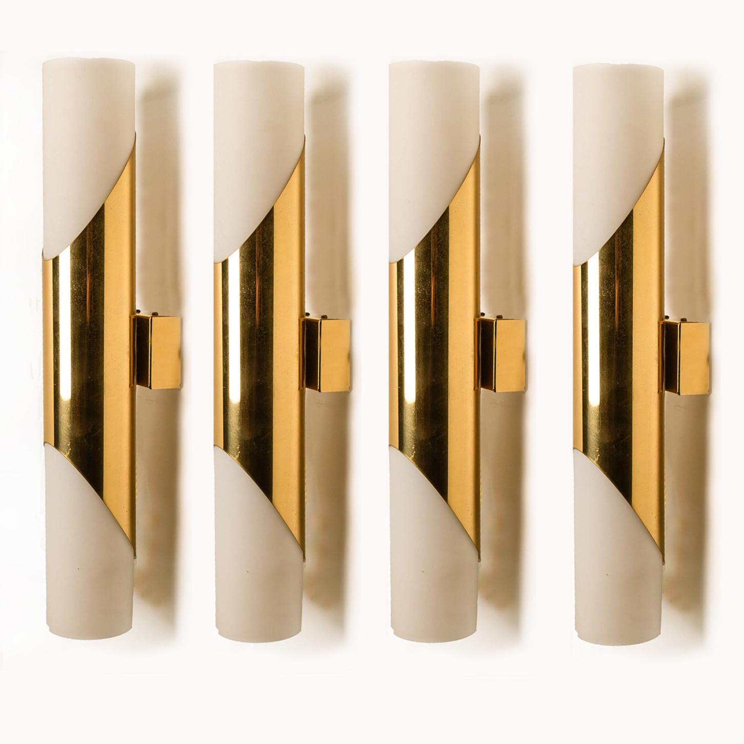 Mid-Century Modern Several Wall Sconces Opaline Glass and Brass in the Style of RAAK, 1970 For Sale