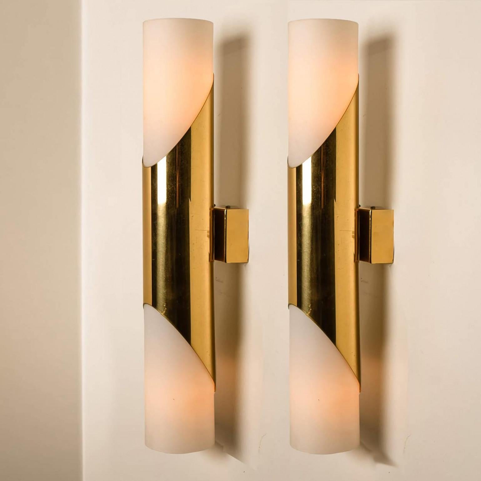 Mid-Century Modern Several Wall Sconces Opaline Glass and Brass in the Style of RAAK, 1970 For Sale