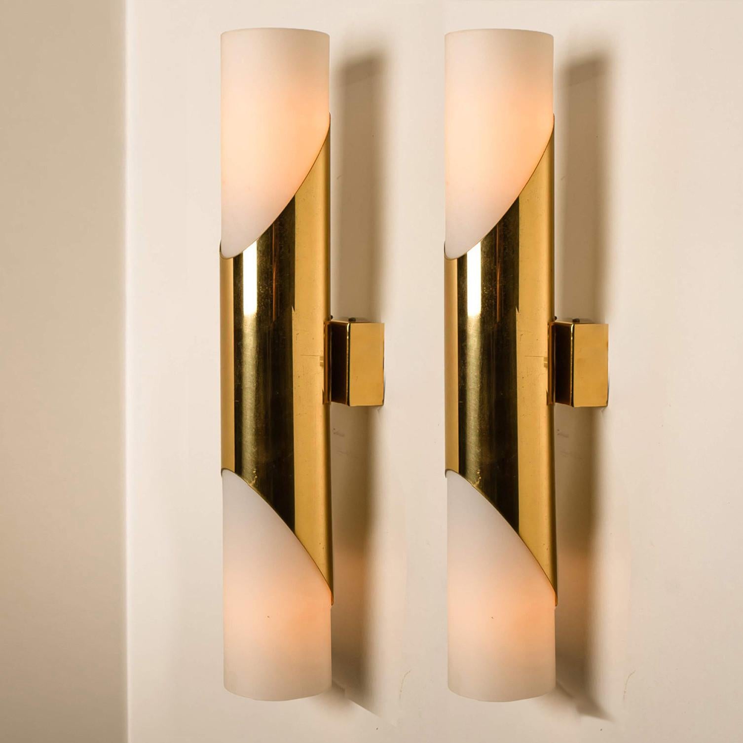 German Several Wall Sconces Opaline Glass and Brass in the Style of RAAK, 1970 For Sale