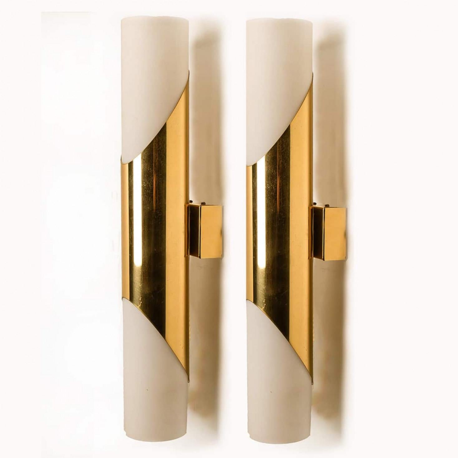 Altro Several Wall Sconces Opaline Glass and Brass in the Style of RAAK, 1970 in vendita