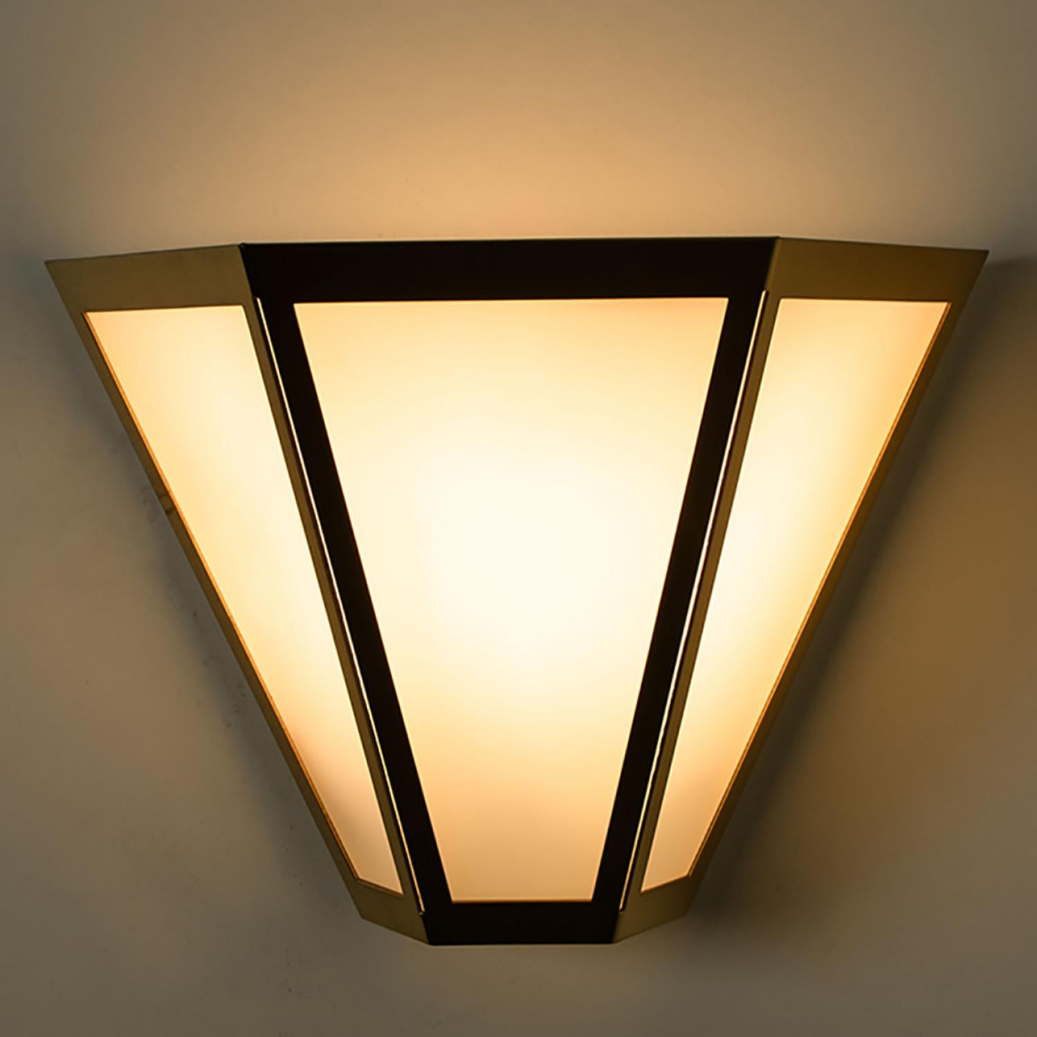 Several White Glass and Brass Pyramid Wall Lights by Limburg, 1970s For Sale 3