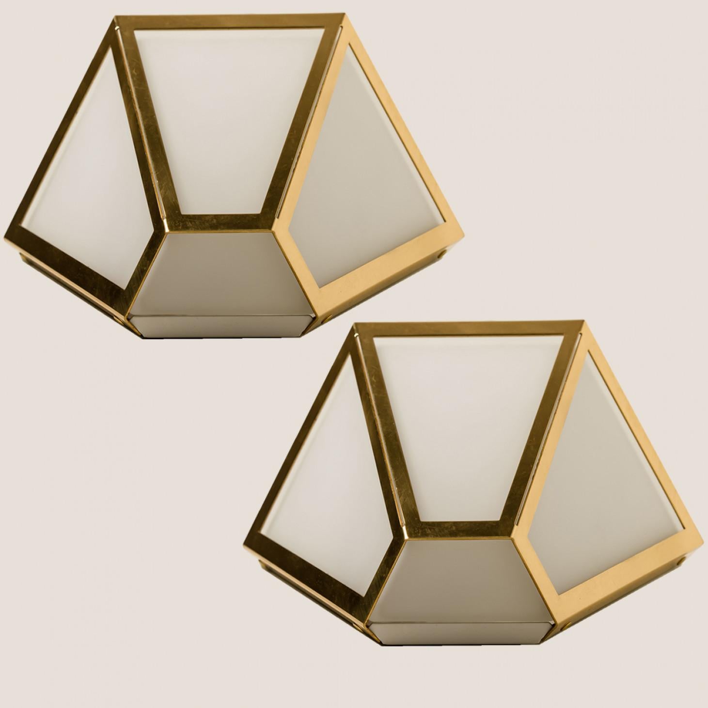 German Several White Glass and Brass Pyramid Wall Lights by Limburg, 1970s For Sale