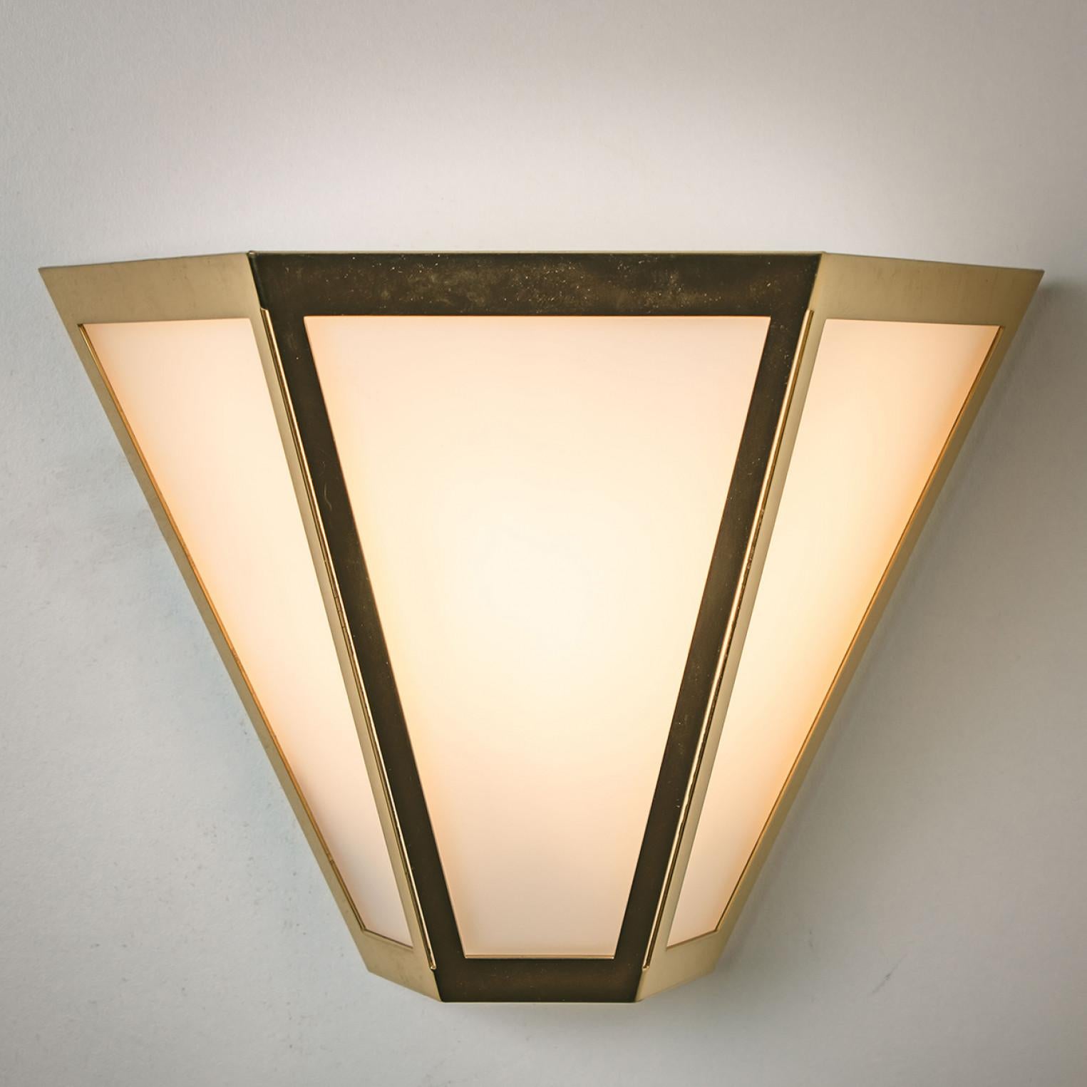 Several White Glass and Brass Pyramid Wall Lights by Limburg, 1970s In Good Condition For Sale In Rijssen, NL