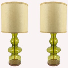 Several XL Glass Green Shaped Table Lamps with Silk Lampshades R. Houben