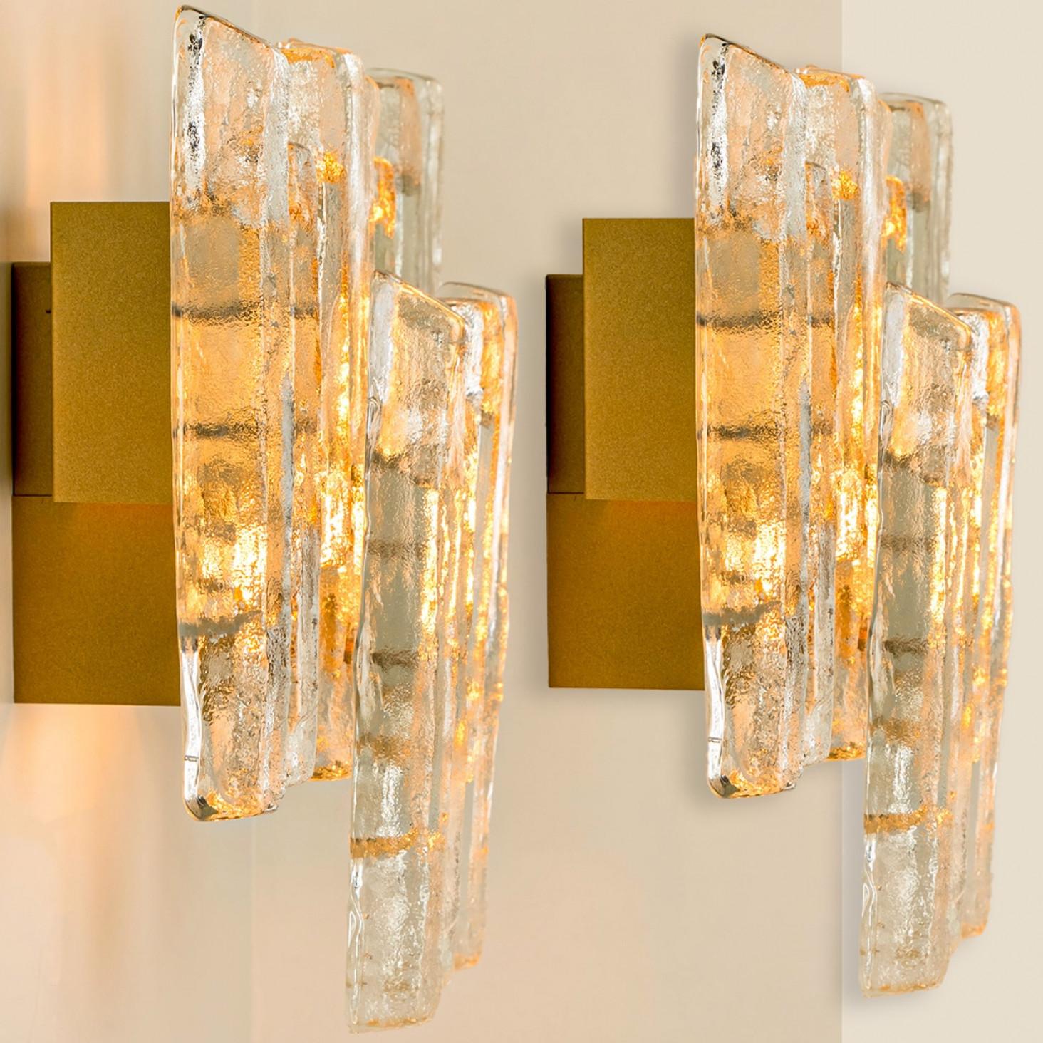 Brass Several XL Textured Ice glass Wall Lights by Kalmar, 1960s For Sale