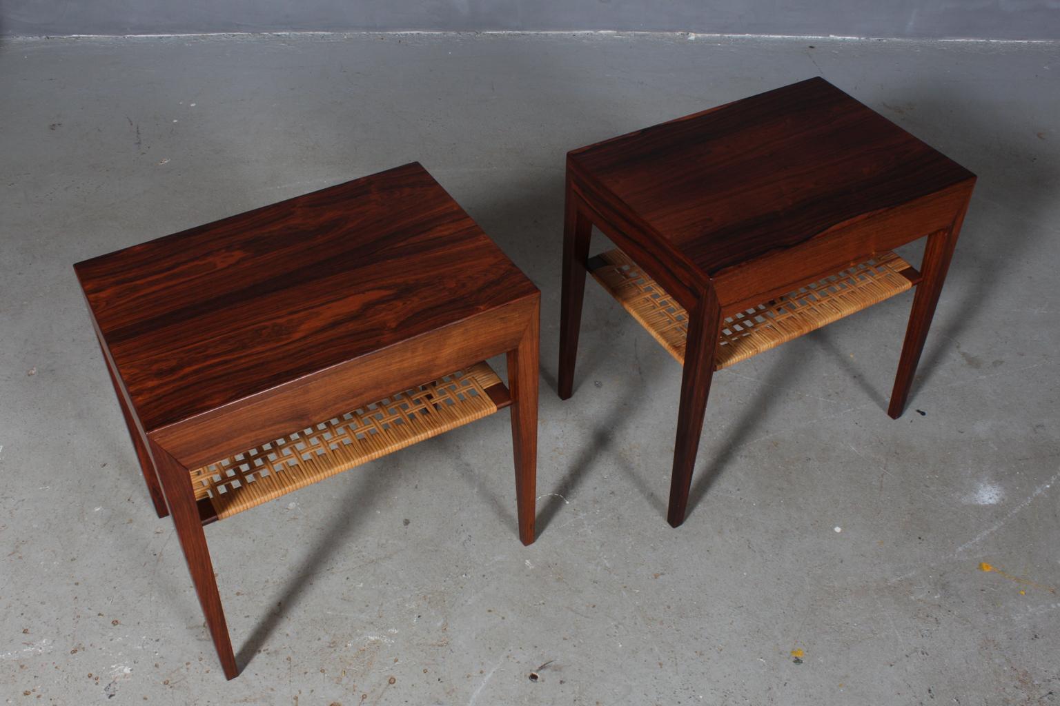 Rare pair of freestanding bedside tables designed by Severin Hansen. Produced by Haslev Møbelsnedkeri in Denmark.
 
  
