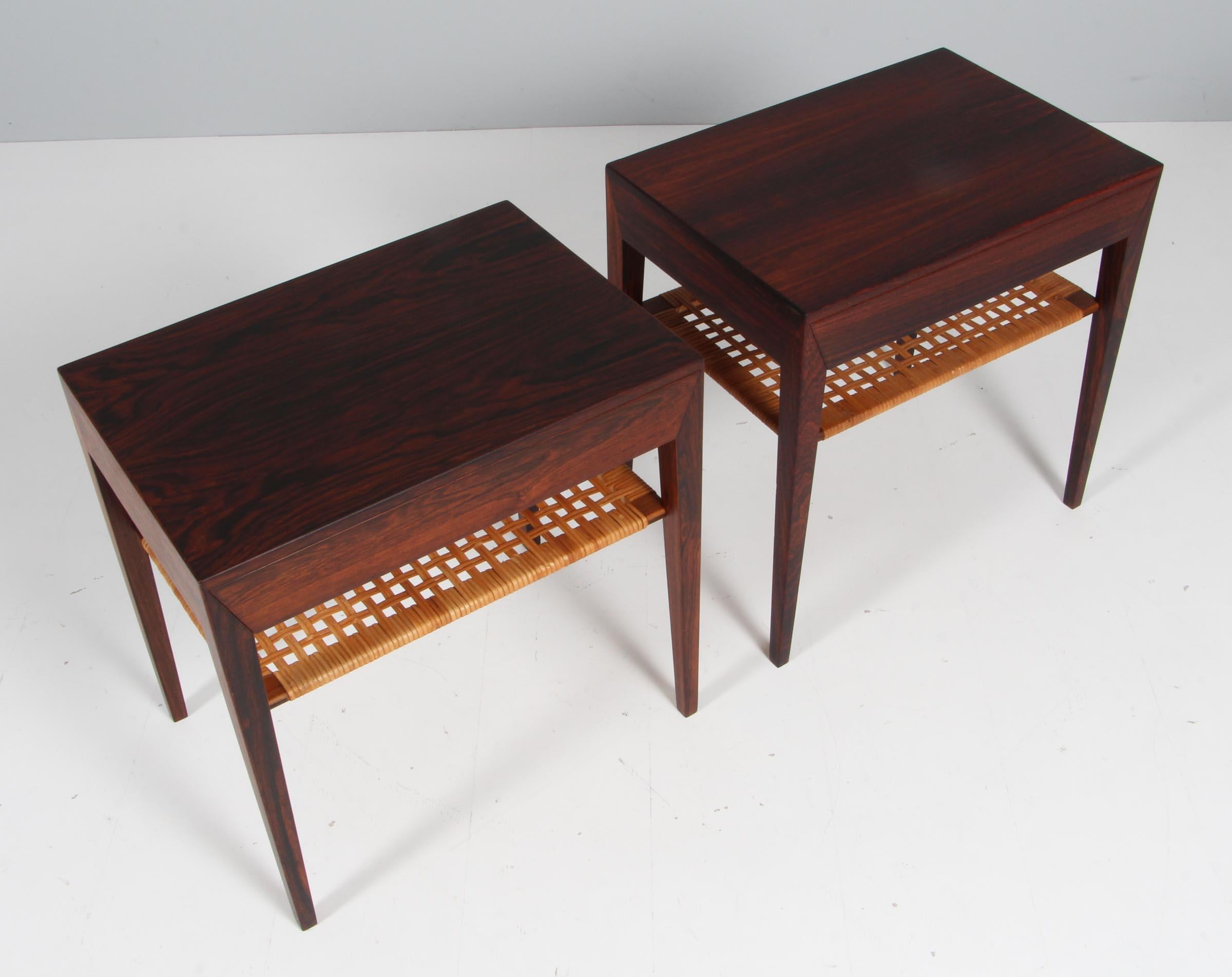 Rare pair of freestanding bedside tables designed by Severin Hansen. Produced by Haslev Møbelsnedkeri in Denmark.
 