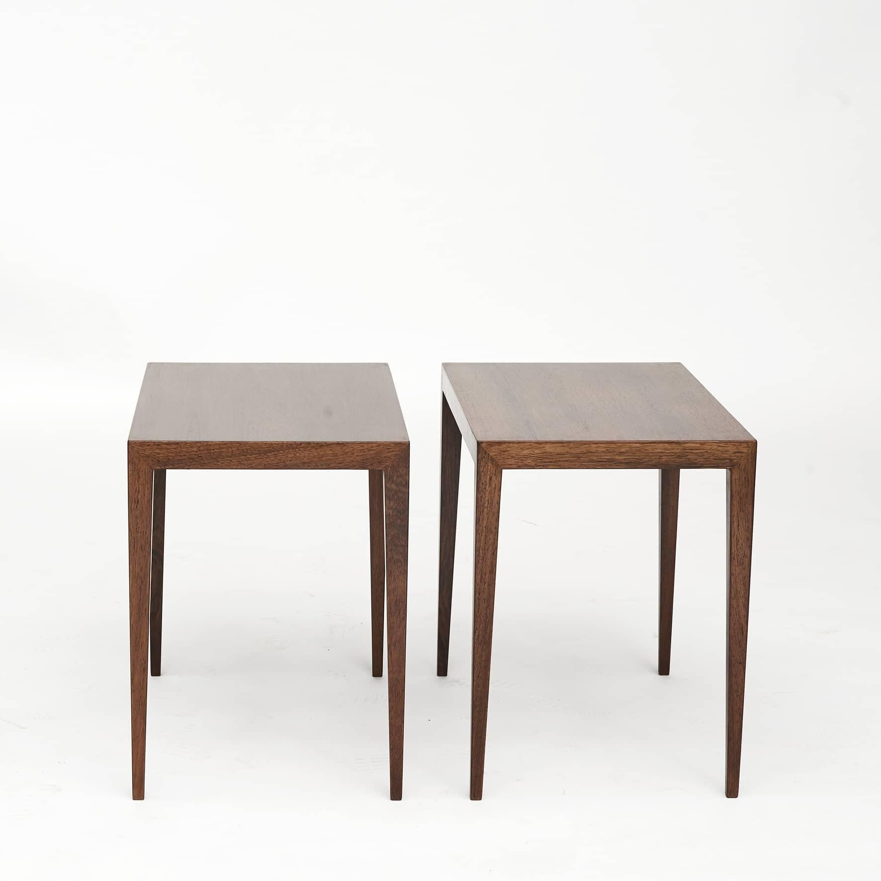 Severin Hansen.
Pair of side tables in hardwood.
Made at Haslev furniture carpentry approx. 1965.
Repolished, good condition.