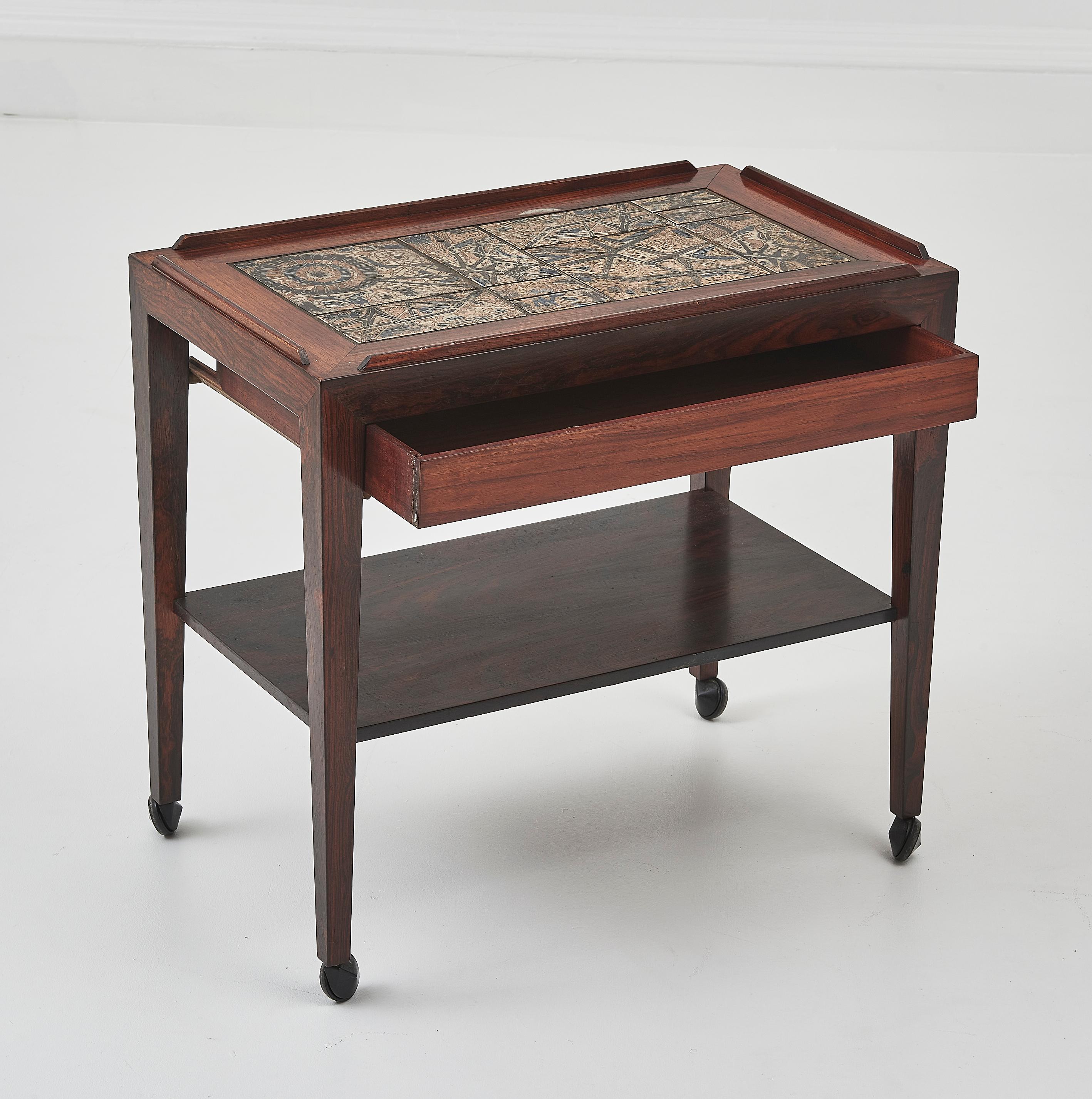 Danish Severin Hansen Rosewood Side Table With Tiled Top & Drawer For Sale