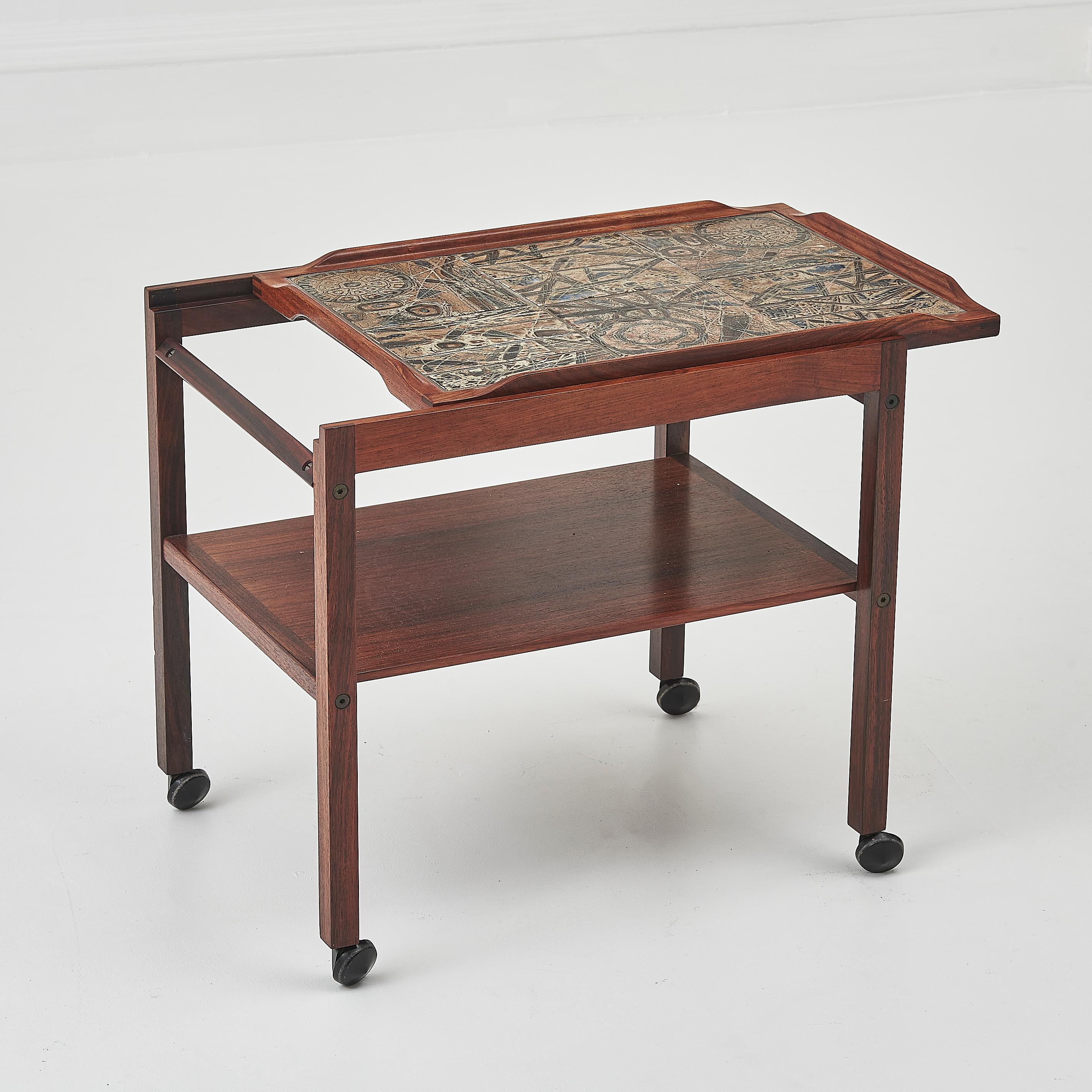 Danish Severin Hansen Rosewood Side Table With Tiled Top & Removable Tray on casters For Sale