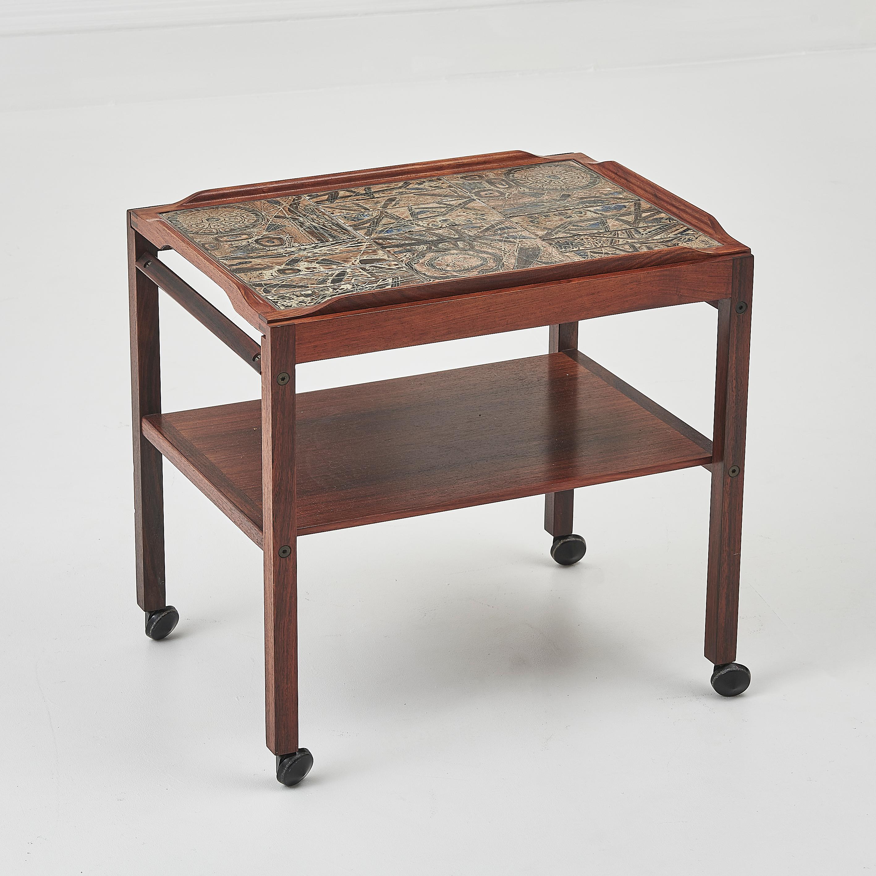 Mid-Century Modern Severin Hansen Rosewood Side Table With Tiled Top & Removable Tray on casters For Sale