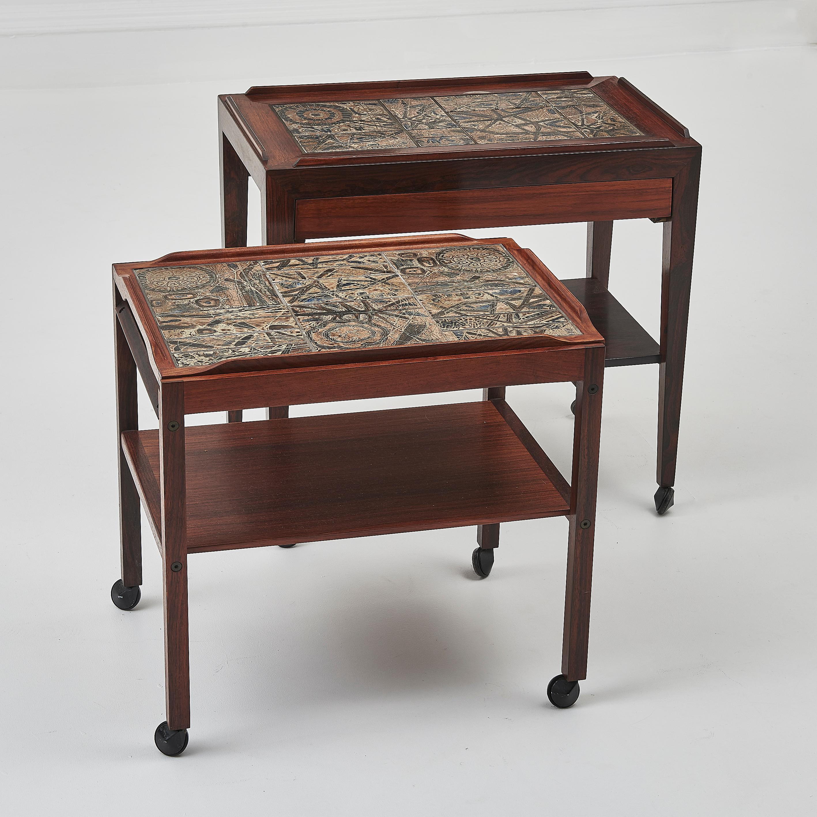 20th Century Severin Hansen Rosewood Side Table With Tiled Top & Removable Tray on casters For Sale