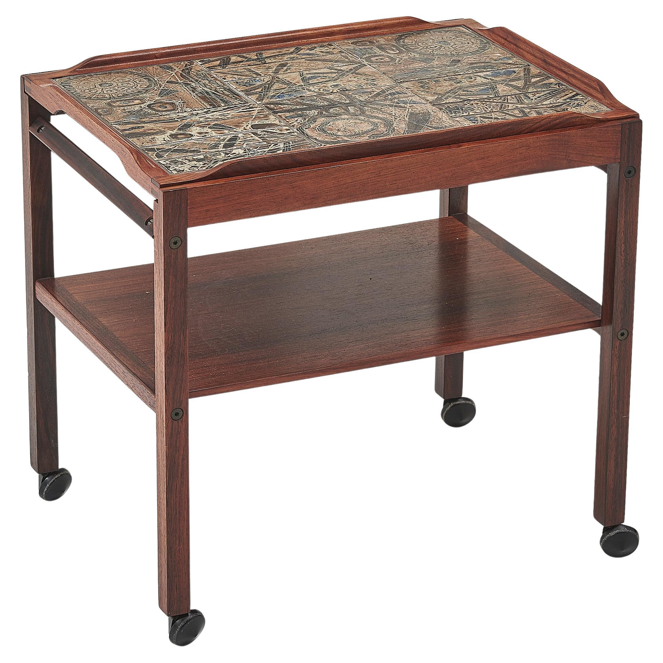 Severin Hansen Rosewood Side Table With Tiled Top & Removable Tray on casters For Sale