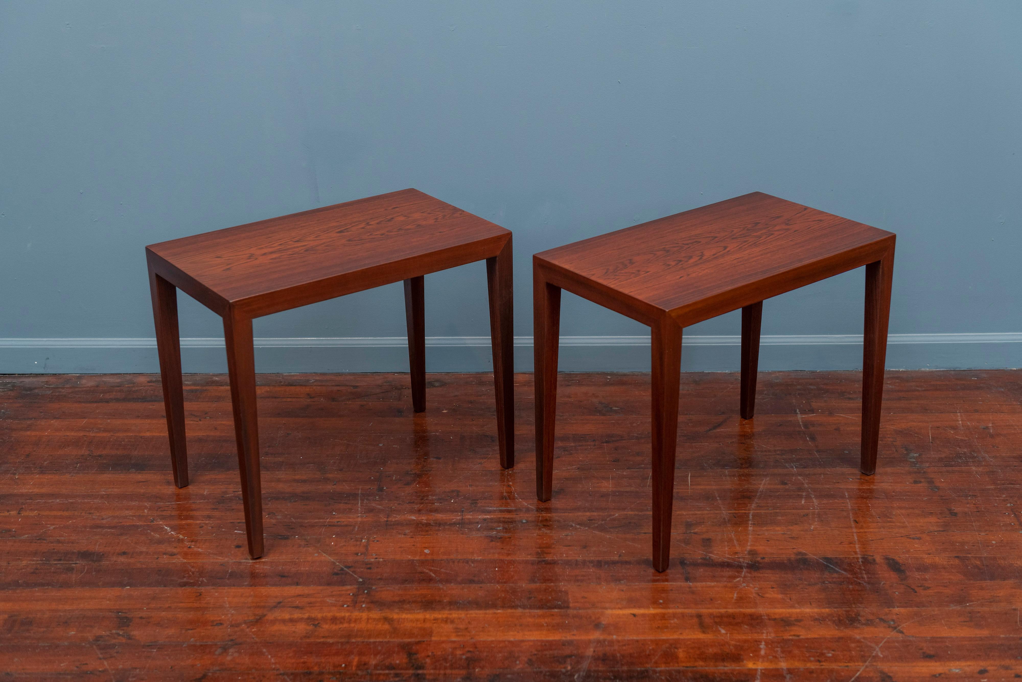 Severin Hansen design rosewood side tables for Haslev, Denmark. Newly refinished with bookmatched rosewood grain tops, labeled.