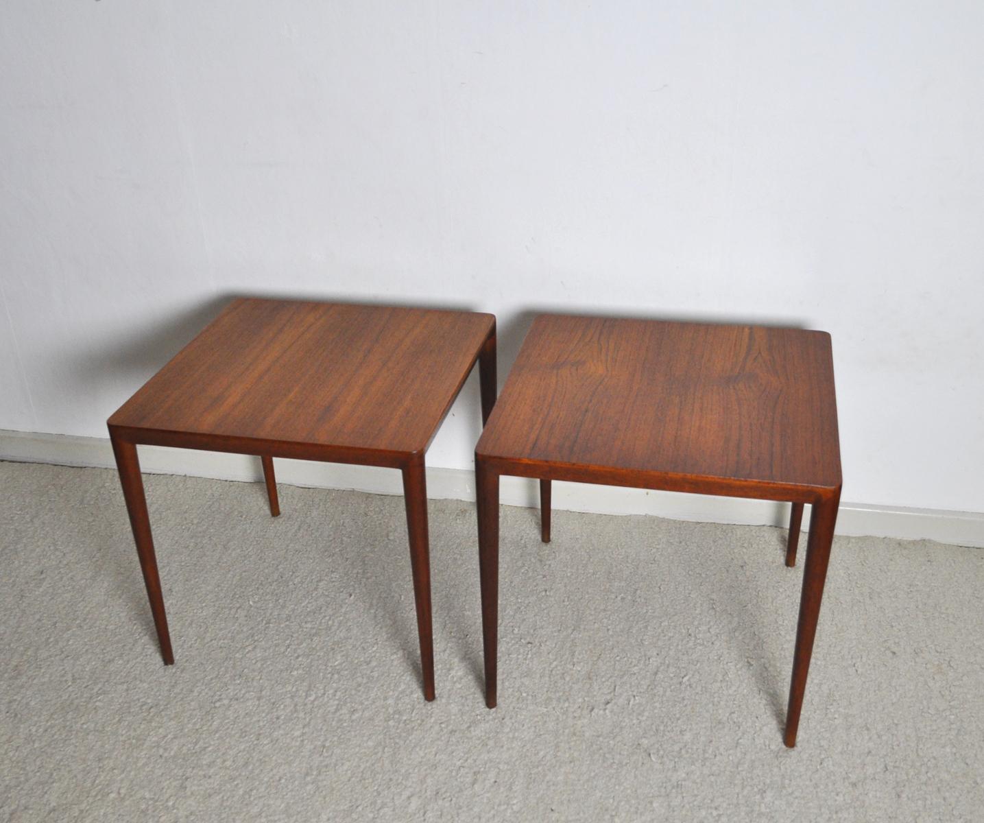Rare pair of teak side tables characterized by the wonderful pointed leg construction. Designed by Severin Hansen Jr. in the 1950s and manufactured by Haslev Møbelsnedkeri in the same period. Label by maker.

Good vintage condition, signs of wear
