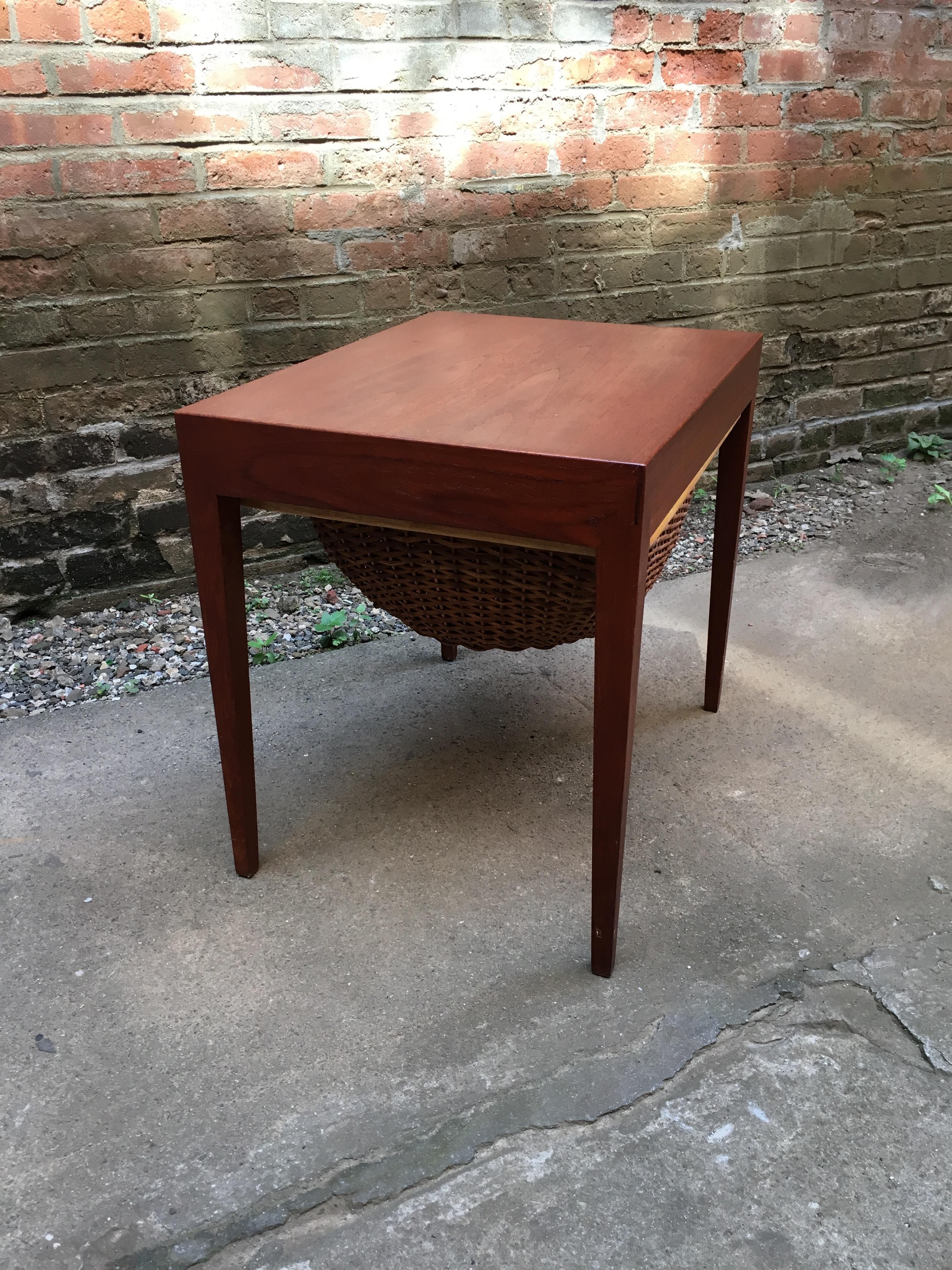 Danish Severin Hansen Teak and Rattan Sewing Table for Haslev
