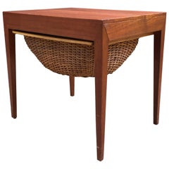 Retro Severin Hansen Teak and Rattan Sewing Table for Haslev