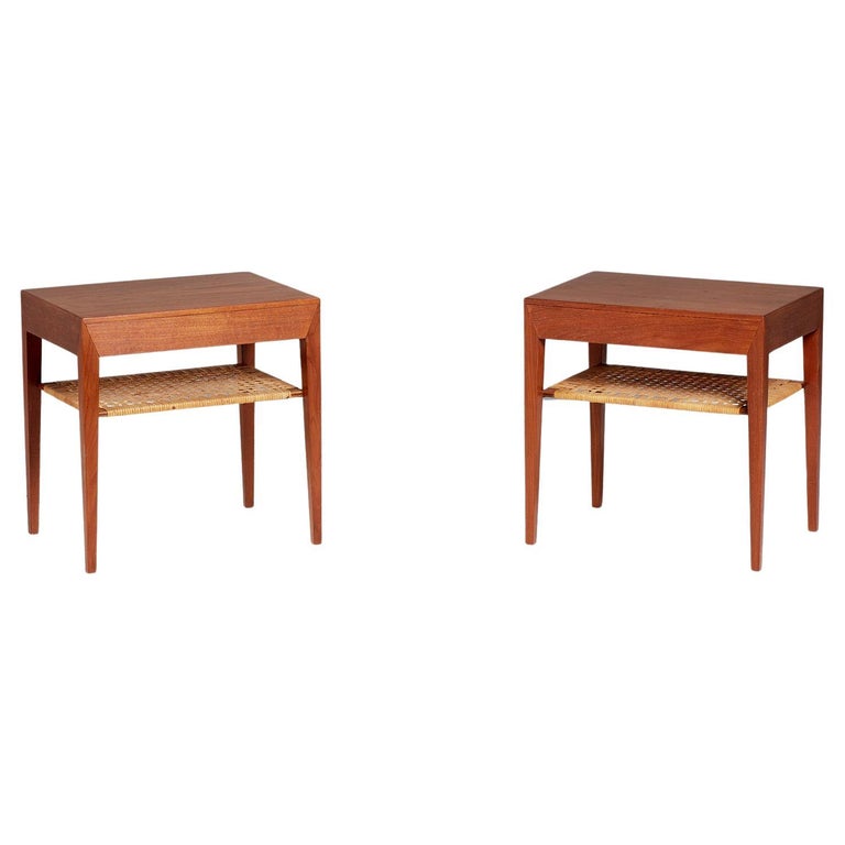 Severin Hansen Teak Nightstands with Rattan Shelf For Sale at 1stDibs